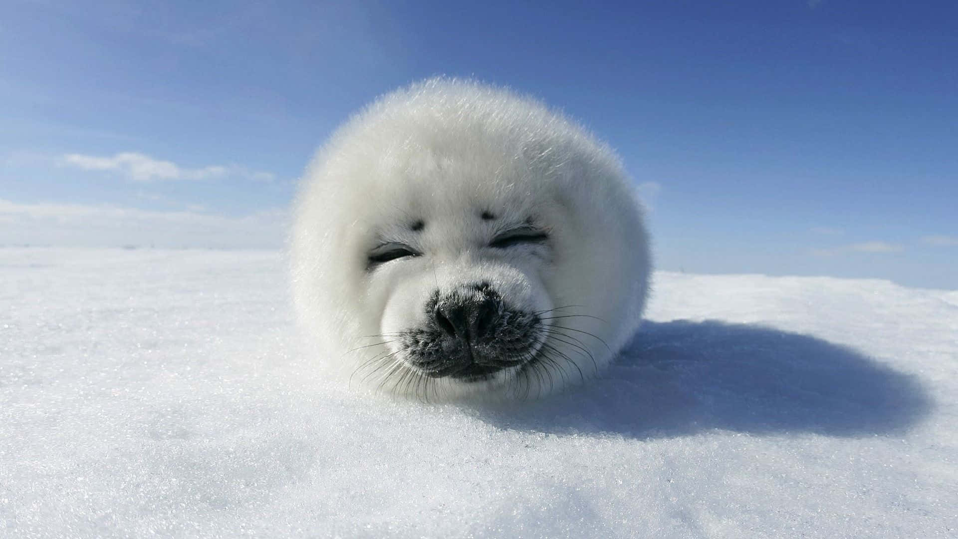 Winter Animal 桌布 壁紙 — 一隻毛茸茸的白色海豹寶寶在晴朗藍天和柔和陽光下，安詳地躺在雪地上休息。