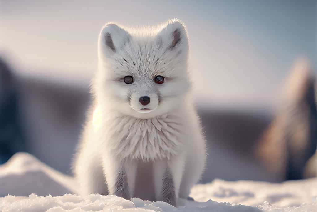 一隻白色小狐狸坐在雪地裡看著觀眾 — 北極狐 GIF 壁紙