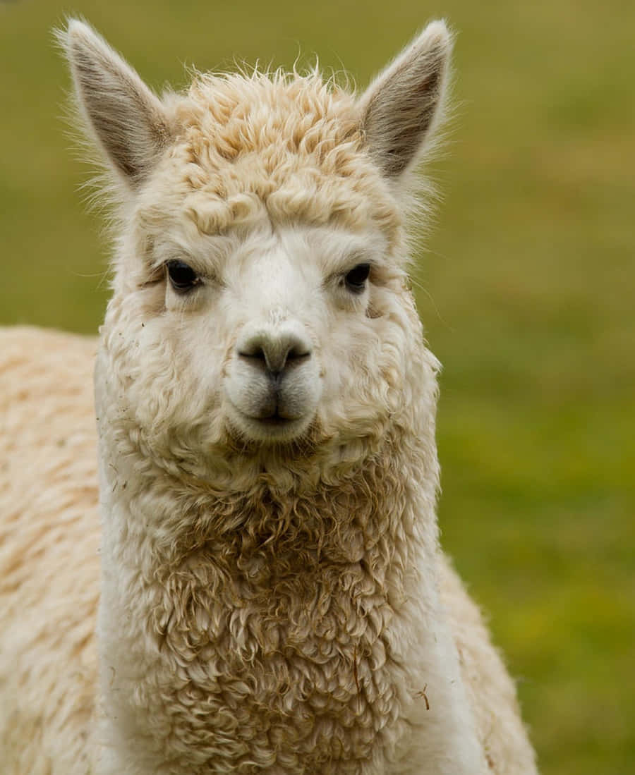 Alpaca 桌布 壁紙 — 一隻毛茸茸的白色羊駝，帶著好奇的眼神直視鏡頭，背景是柔和的綠色田野。