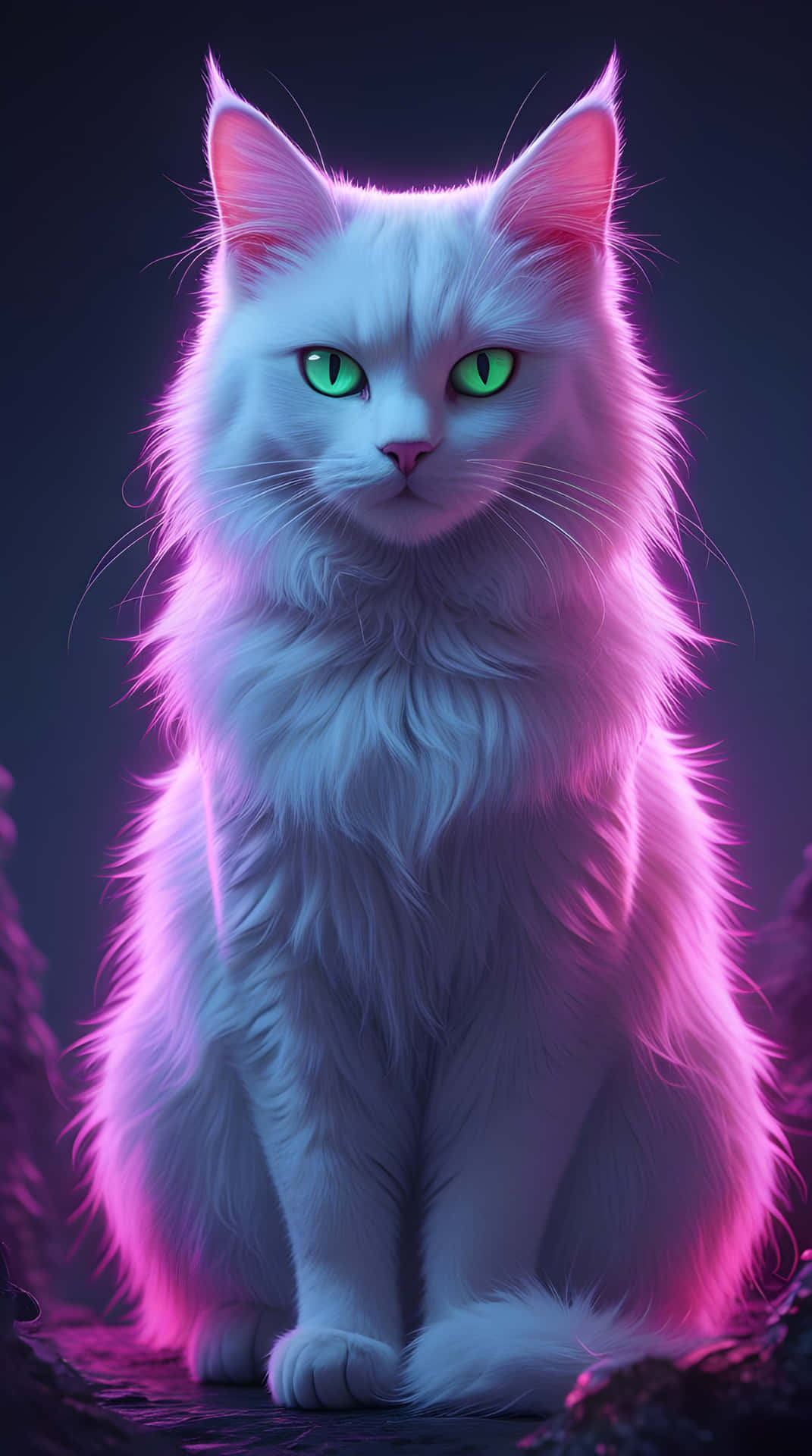A neon lighting cat 壁紙 — 一隻毛茸茸的白貓，擁有發光的綠色眼睛，在鮮豔的粉紅色和紫色霓虹燈光下優雅地坐著。
