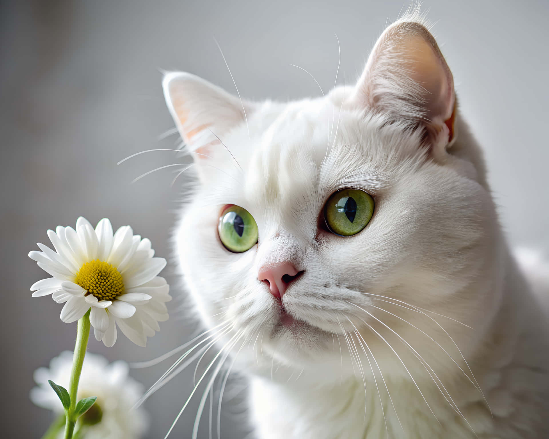 Beautiful cat with flower 壁紙 — 一隻毛茸茸的白貓，擁有鮮綠色眼睛，好奇地凝視著一朵新鮮雛菊的特寫。