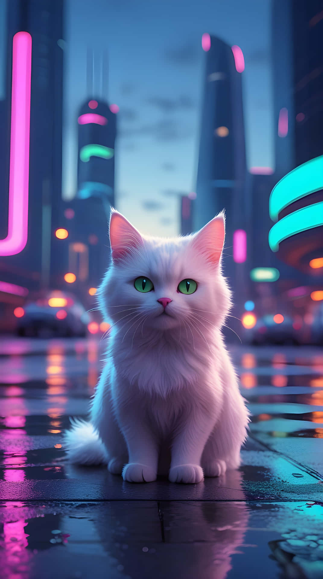 A cute cat set in the city road 壁紙 — 一隻毛茸茸的白貓，眼睛發出綠光，坐在夜晚濕漉漉的霓虹燈城市街道上。