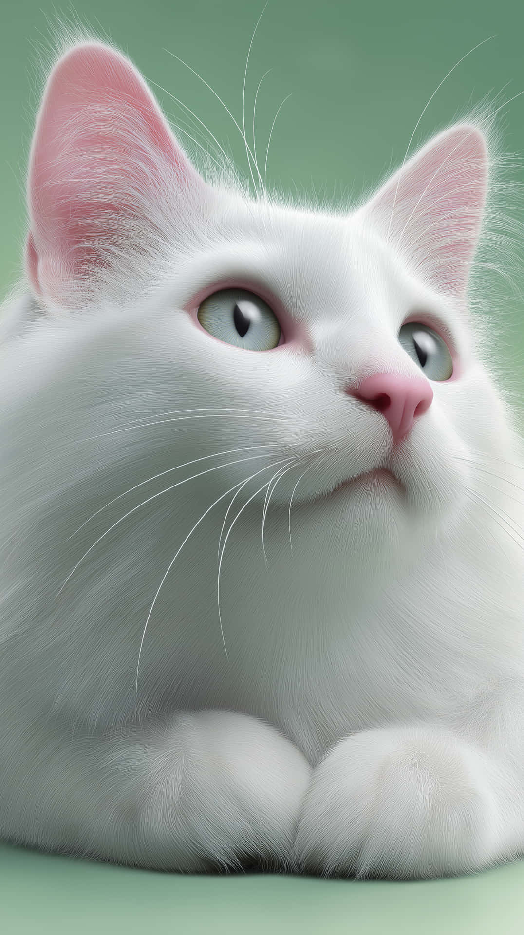 Photorealistic Portrait of an Adorable White Cat, Blue Eyes 壁紙 — 一隻毛茸茸的白貓，粉紅色的耳朵和鼻子，在柔和的薄荷綠色背景上向上凝視。