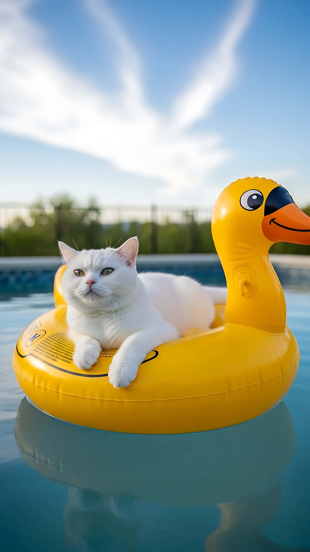 Cat on Floaty 壁紙 — 一隻毛茸茸的白貓在晴朗的天空下，在清澈的藍色游泳池中，威風凜凜地躺在一隻鮮黃色的充氣鴨子浮床上。