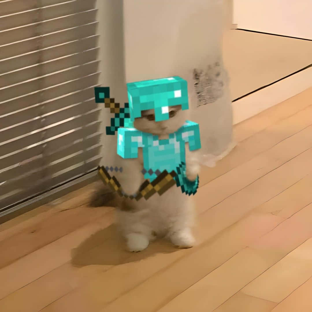 Minecraft Diamond Helmet 桌布 壁紙 — 一隻毛茸茸的白貓穿著Minecraft的像素化鑽石盔甲，站在木地板靠近百葉窗的地方。