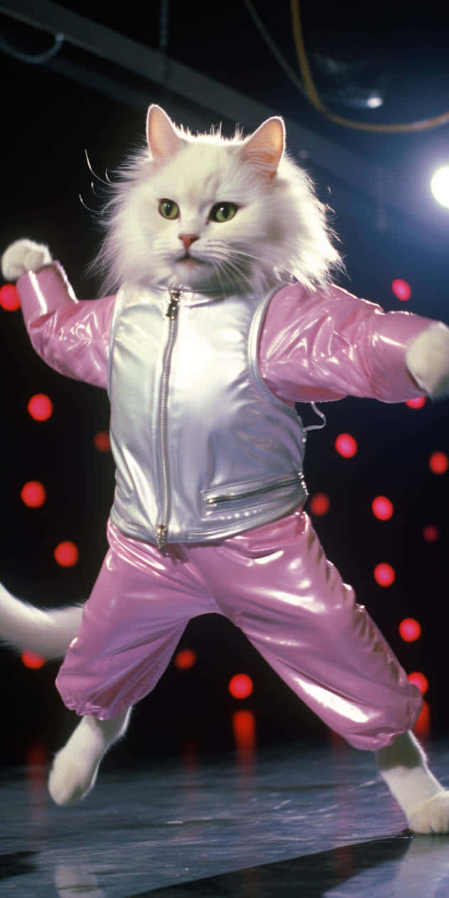 Dancing Cat 桌布 壁紙 — 一隻毛茸茸的白貓穿著閃亮的粉紅色和銀色服裝，在舞台燈光下擺出充滿活力的舞蹈姿勢。