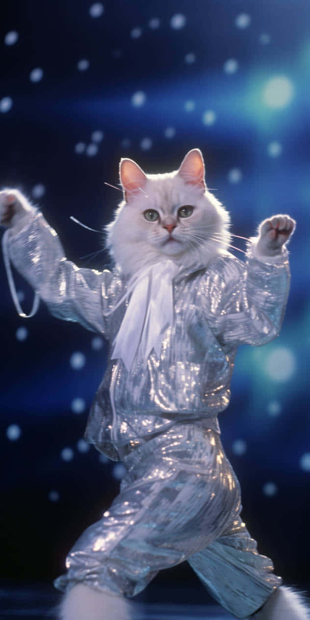 Dancing Cat 桌布 壁紙 — 一隻毛茸茸的白貓穿著閃亮的銀色迪斯可服裝，在閃爍的藍色舞台背景下擺出戲劇性的姿勢。