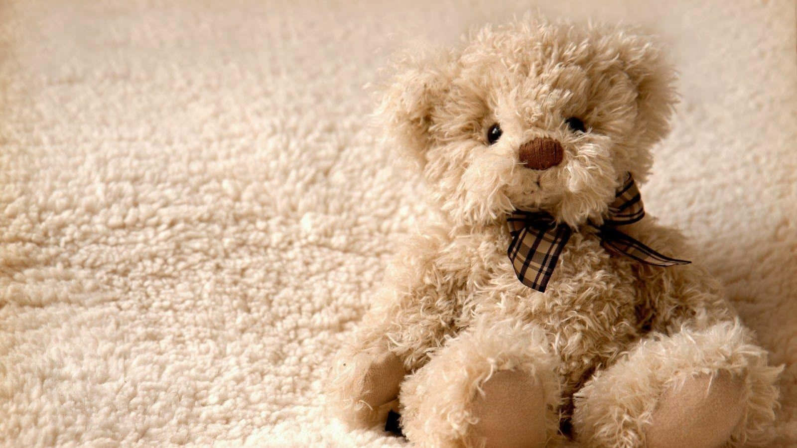 Teddy Bear 桌布 壁紙 — 一隻毛茸茸的米色泰迪熊，繫著格紋蝴蝶結，舒適地坐在柔軟的奶油色地毯上。