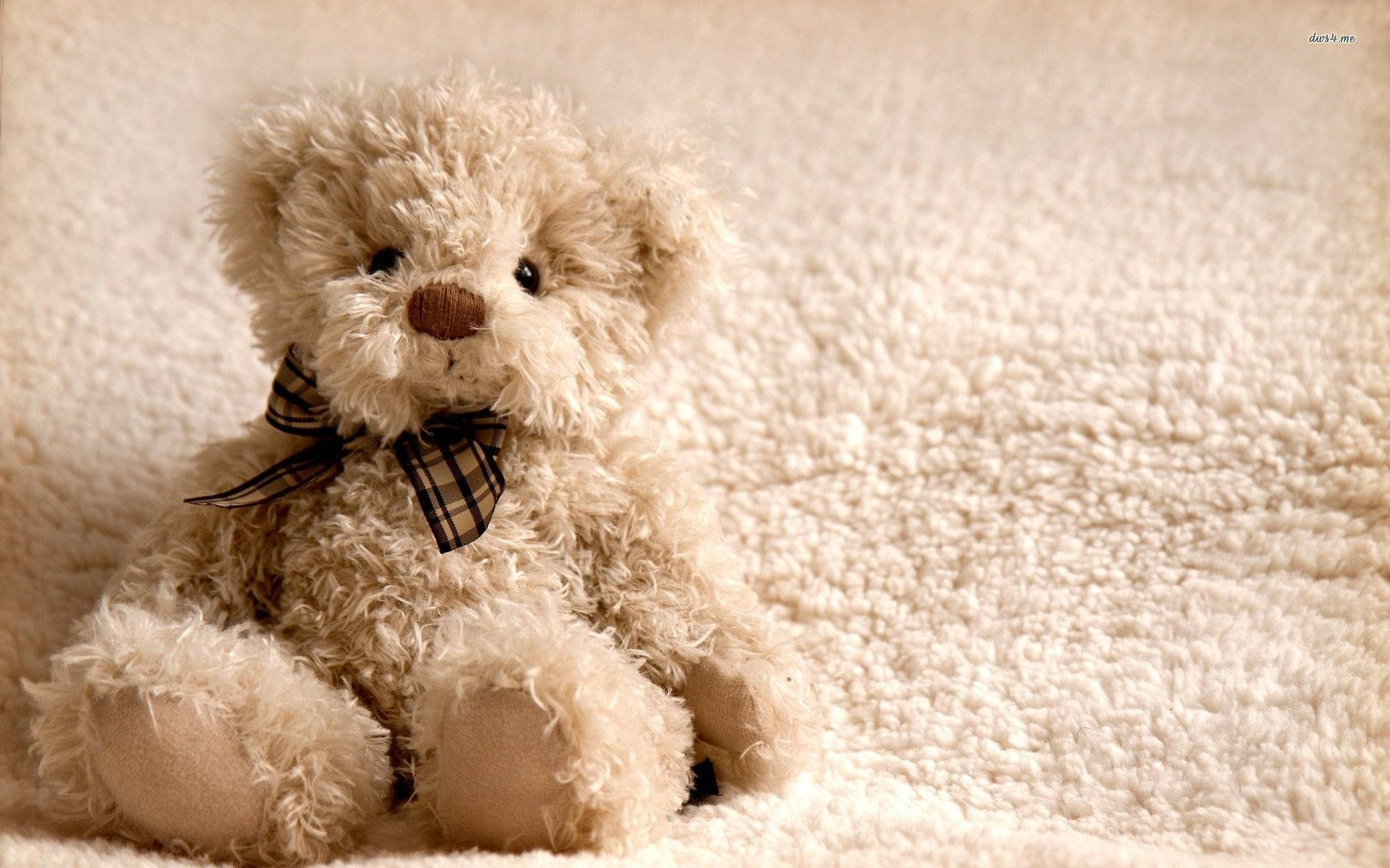 Cute Bear 桌布 壁紙 — 一隻毛茸茸的米色泰迪熊戴著格子蝴蝶結，舒適地坐在柔軟的白色紋理毛毯上。