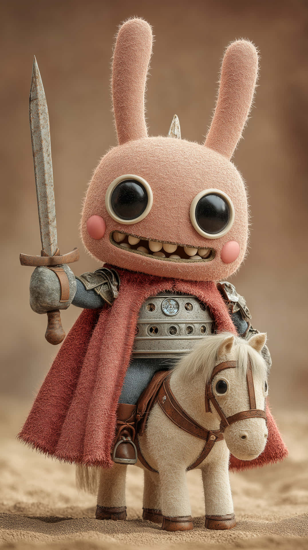 Warrior Bunny Plush Character on Horse with Sword 壁紙 — 一隻毛茸茸的粉紅色兔子騎士穿著盔甲，騎著一匹小型奶油色馬，在沙漠場景中手持生鏽的劍。