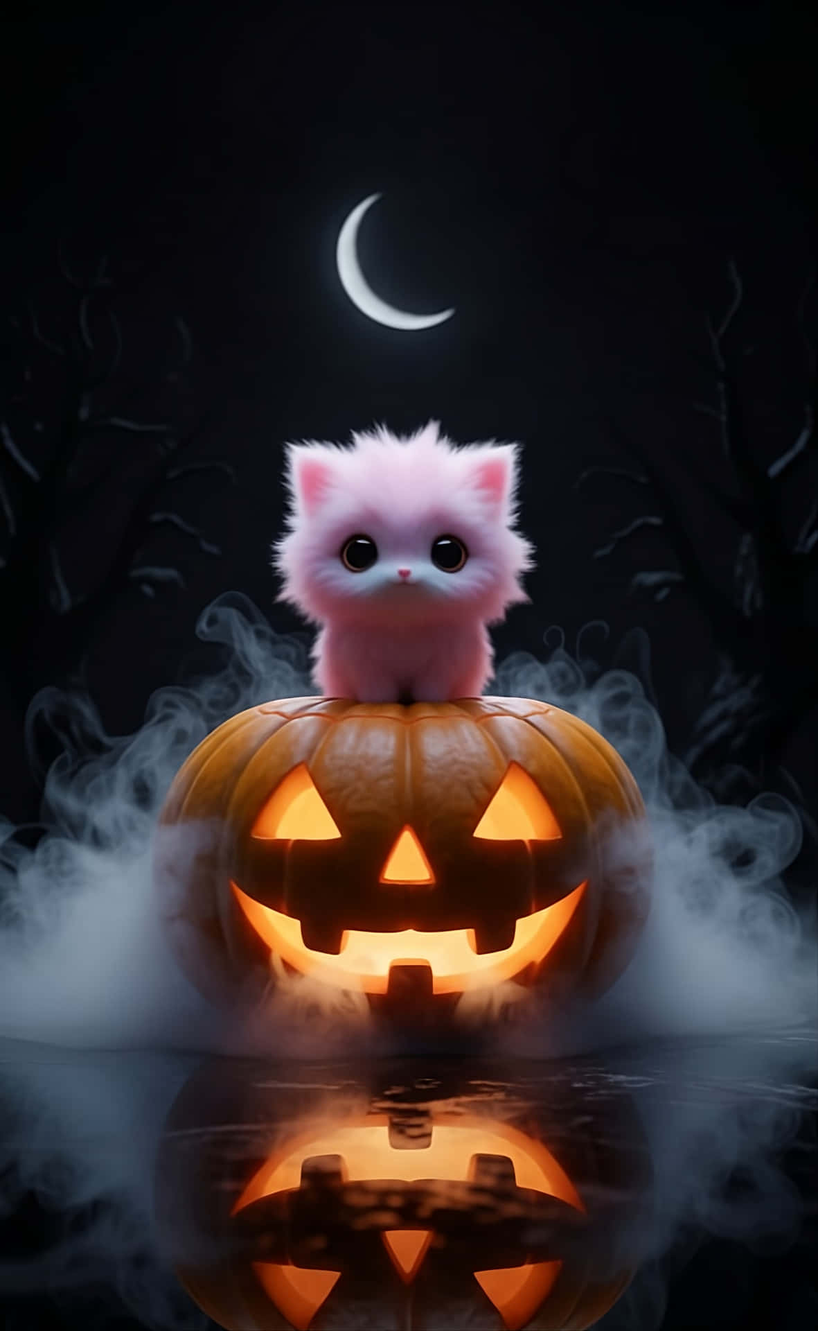 Whimsical Halloween Kitten 壁紙 — 一隻毛茸茸的粉紅色小貓坐在發光的南瓜燈上，身處迷霧籠罩、月光照耀的森林，上方有一彎新月。