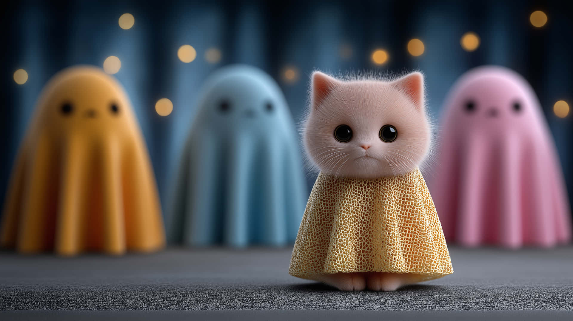 Adorable Feline Character Among Ghostly Companions at Night 壁紙 — 一隻毛茸茸的粉紅色小貓穿著黃色紋理連衣裙，在溫暖的散景燈光下，站在三個色彩繽紛的幽靈般人物面前中央。