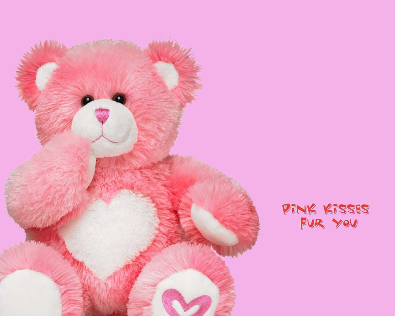 bear love 桌布 壁紙 — 一隻毛茸茸的粉紅色泰迪熊，帶有白色心形裝飾，坐在純粉紅色背景上，上面寫著 pink kisses for you。