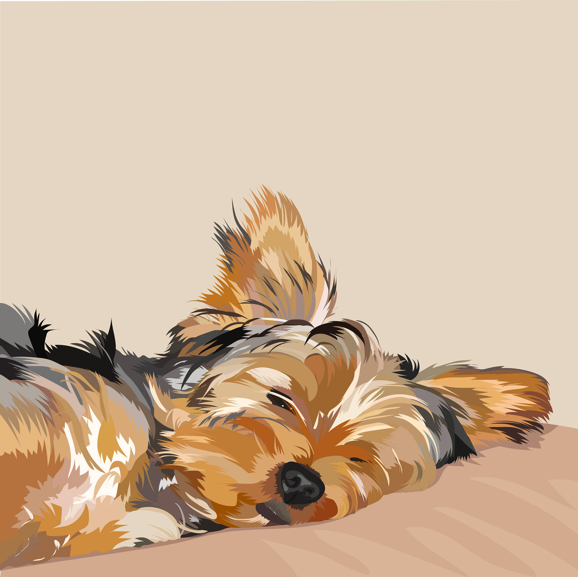 Terrier 桌布 壁紙 — 一隻毛茸茸的約克夏㹴在柔軟的表面上安詳地睡覺，周圍是溫暖的米色調。