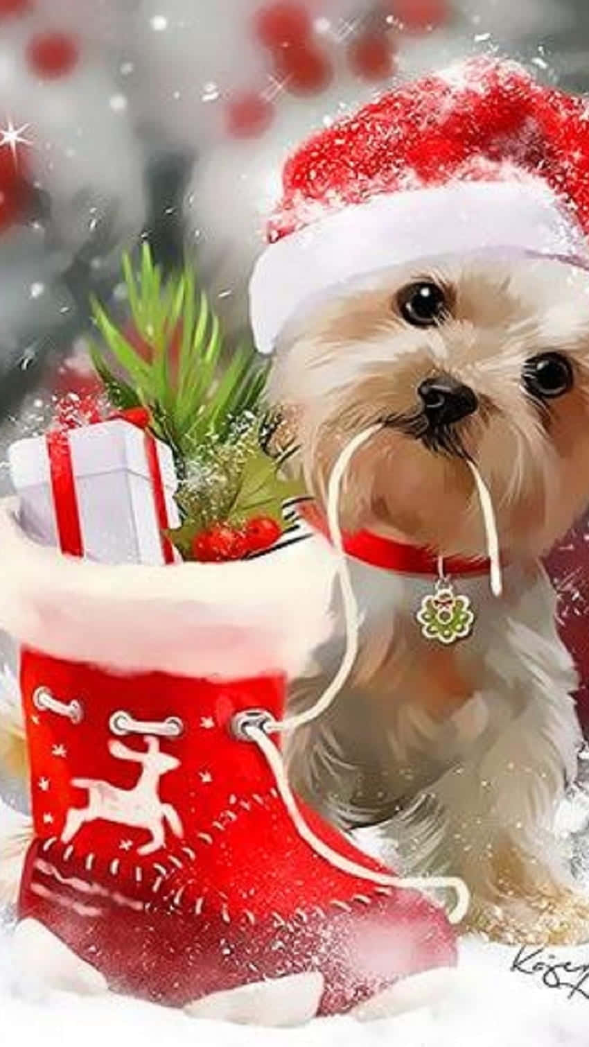 動物 桌布 壁紙 — 一隻毛茸茸的約克夏㹴戴著聖誕帽，坐在一個裝滿禮物和松枝的紅色聖誕襪旁邊，背景是雪白的冬日場景。