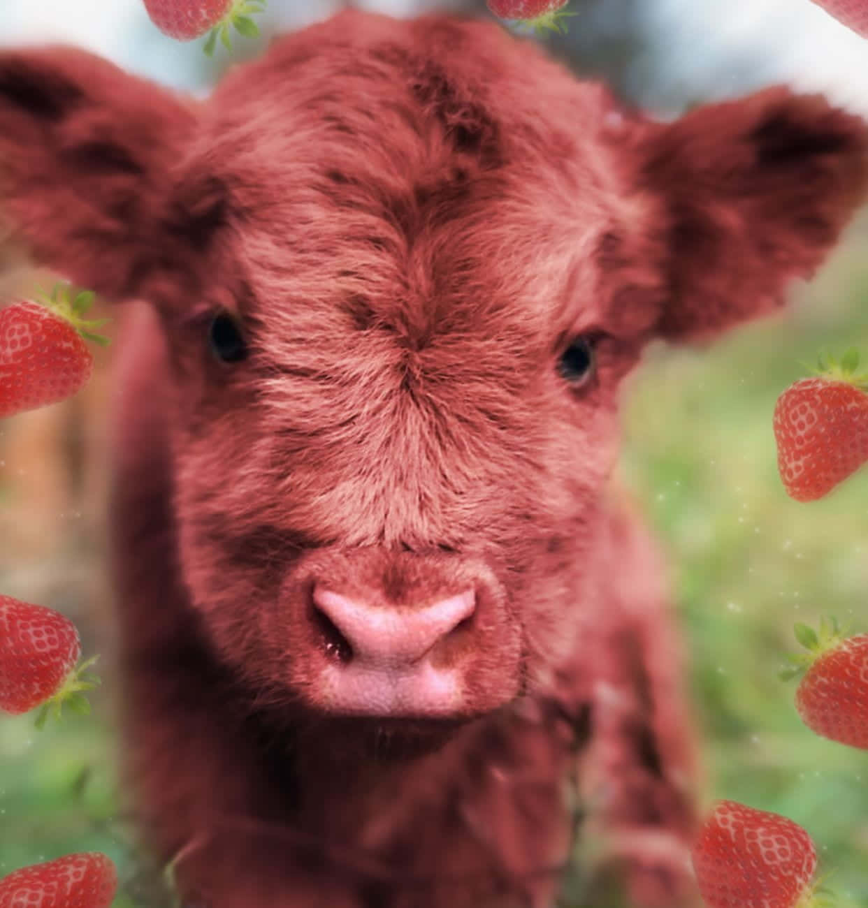 Kawaii Strawberry Cow 桌布 壁紙 — 一隻毛茸茸的紅棕色小牛的特寫，周圍漂浮著草莓，背景是柔和的綠色田野。