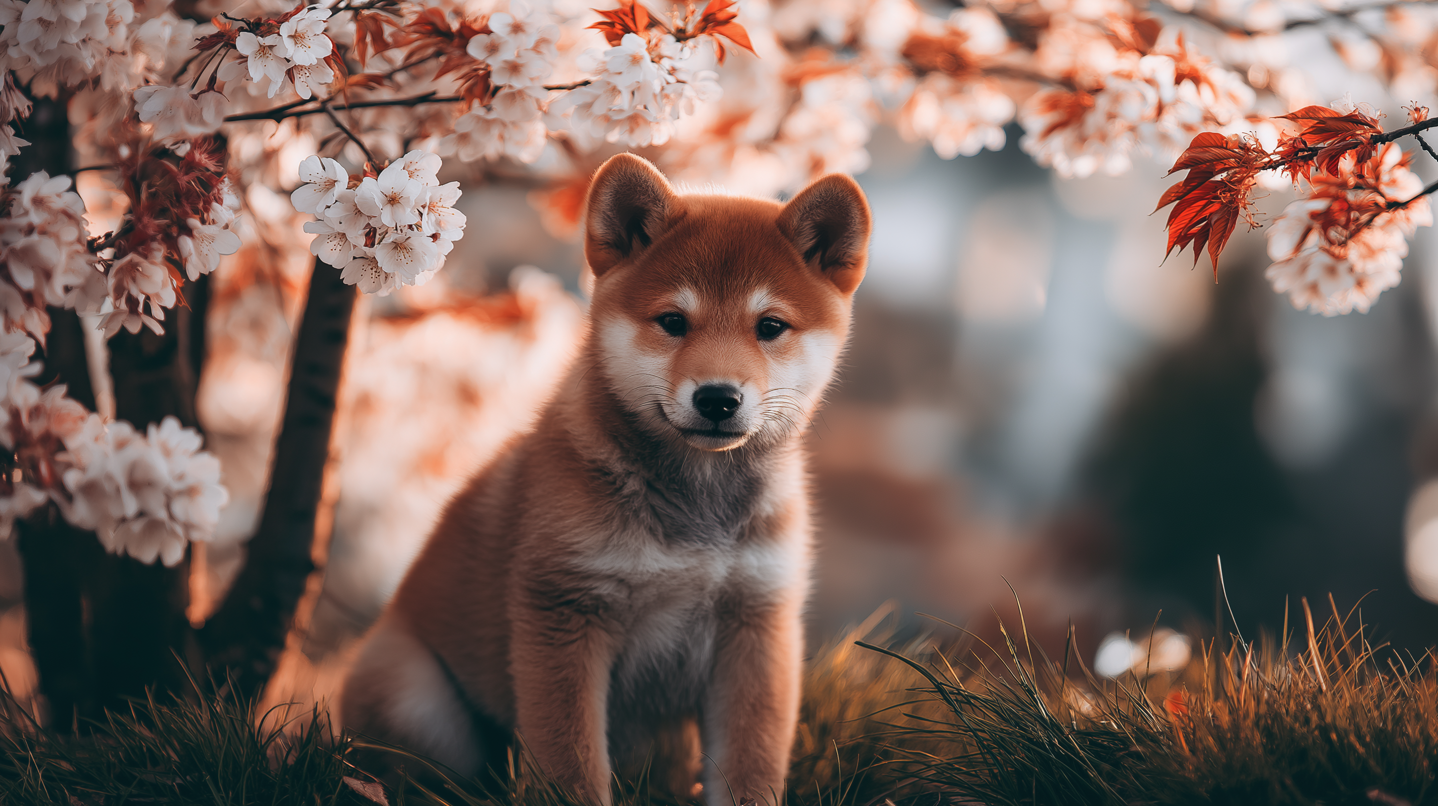 小狗 桌布 壁紙 — 一隻毛茸茸的紅色柴犬幼犬坐在盛開的櫻花枝下，沐浴在柔和的金色陽光中。