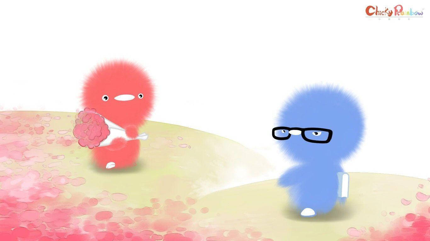Cute Computer 桌布 壁紙 — 一隻毛茸茸的紅色生物在柔和的粉彩地面上，向戴眼鏡的藍色生物獻上一朵粉紅色的花。