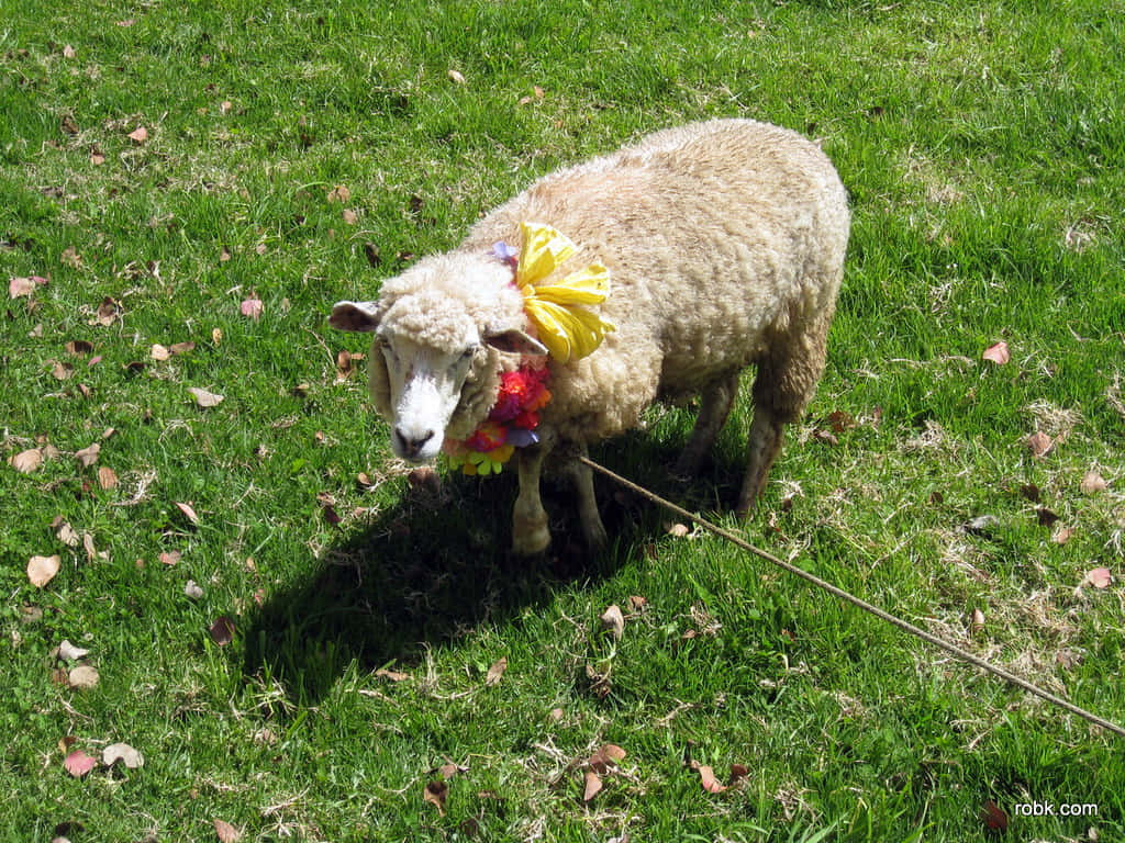 Sheep 桌布 壁紙 — 一隻毛茸茸的羊，裝飾著色彩繽紛的花環和黃色蝴蝶結，站在陽光明媚、散落著落葉的綠色草地上。