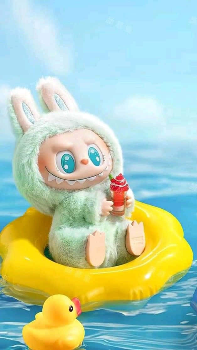 Labubu's Splash of Summer Fun 壁紙 — 一隻毛茸茸的薄荷色兔子角色，有著大大的藍色眼睛，坐在黃色充氣圈中，拿著紅色飲料，漂浮在明亮的藍色水上，附近有一隻橡膠鴨。