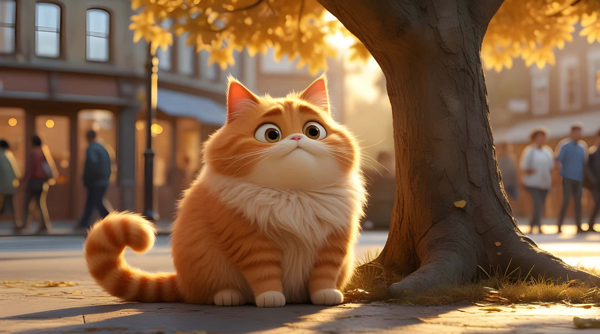 The cute cat set in the park 壁紙 — 一隻毛茸茸的薑貓坐在一棵金黃葉子的樹下，溫暖的陽光沐浴著後面的城市街道。