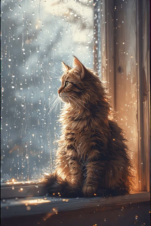 Cozy Cat and Rainy Window – Cinematic 8K 壁紙 — 一隻毛茸茸的薑貓坐在有雨痕的窗邊，沐浴在溫暖的金色陽光中。