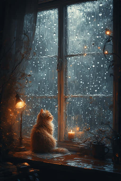 Cozy Cat and Rainy Window – Cinematic 8K 壁紙 — 一隻毛茸茸的薑貓坐在木窗台上，凝視著雨滴滑落玻璃，附近溫暖的燭光閃爍。