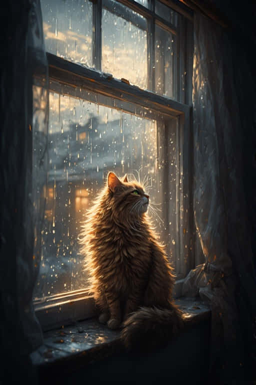 Cozy Cat and Rainy Window – Cinematic 8K 壁紙 — 一隻毛茸茸的薑貓坐在窗台上，凝視著雨滴滑落玻璃，金色陽光穿透而過。