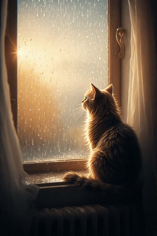 Cozy Cat and Rainy Window – Cinematic 8K 壁紙 — 一隻毛茸茸的薑貓坐在窗台上，望著外面的雨，金色的陽光透過濕漉漉的玻璃照射進來。