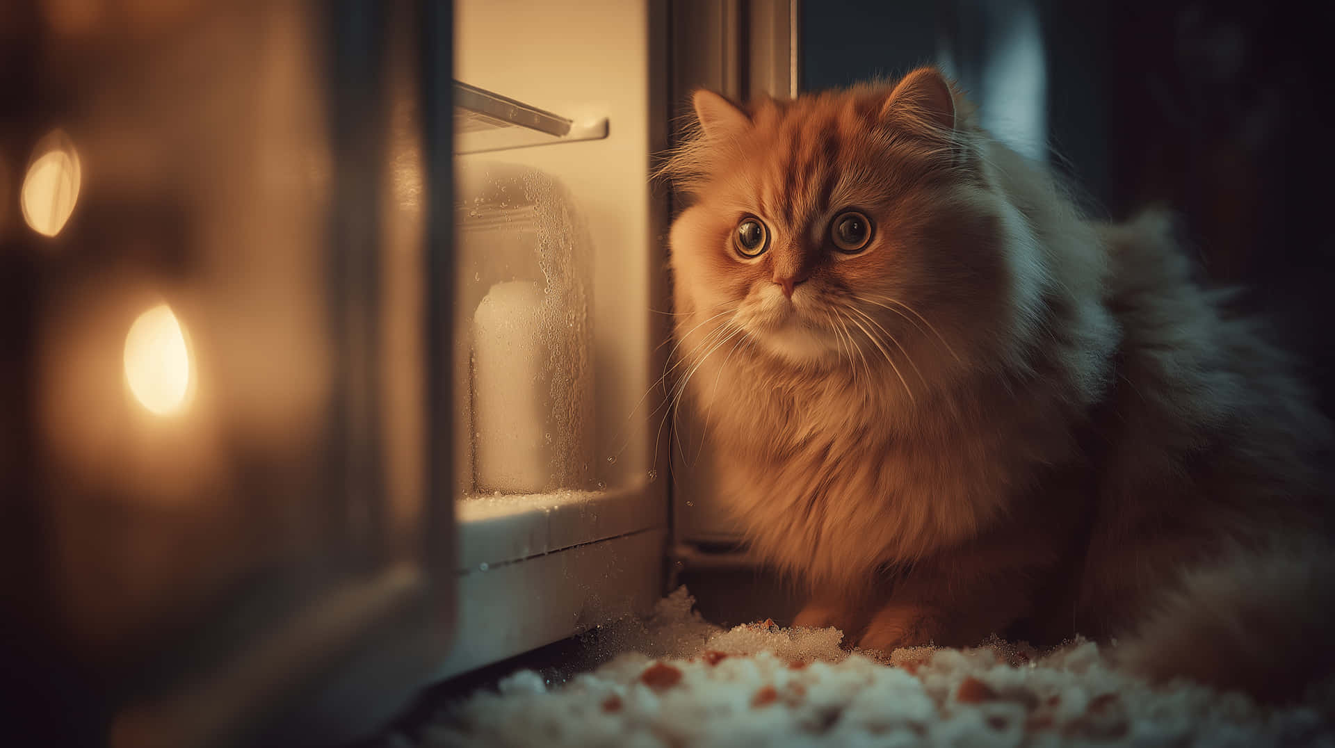 Curious Fluffy Cat Investigating Icy Fridge Interior at Night 壁紙 — 一隻毛茸茸的薑貓從充滿霜和發光燈光的冰箱內好奇地窺視。