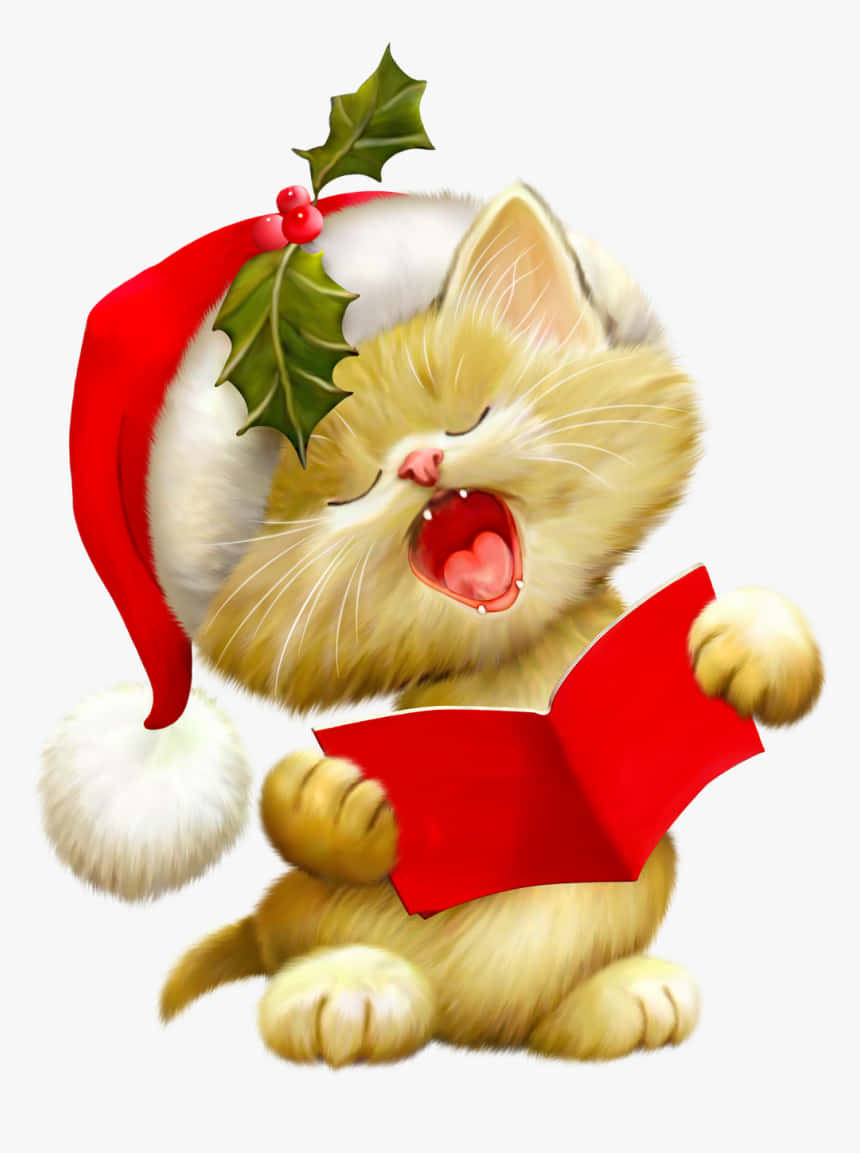 Santa Hat 桌布 壁紙 — 一隻毛茸茸的薑黃色小貓戴著帶有冬青裝飾的紅色聖誕帽，一邊拿著紅書一邊快樂地唱歌。