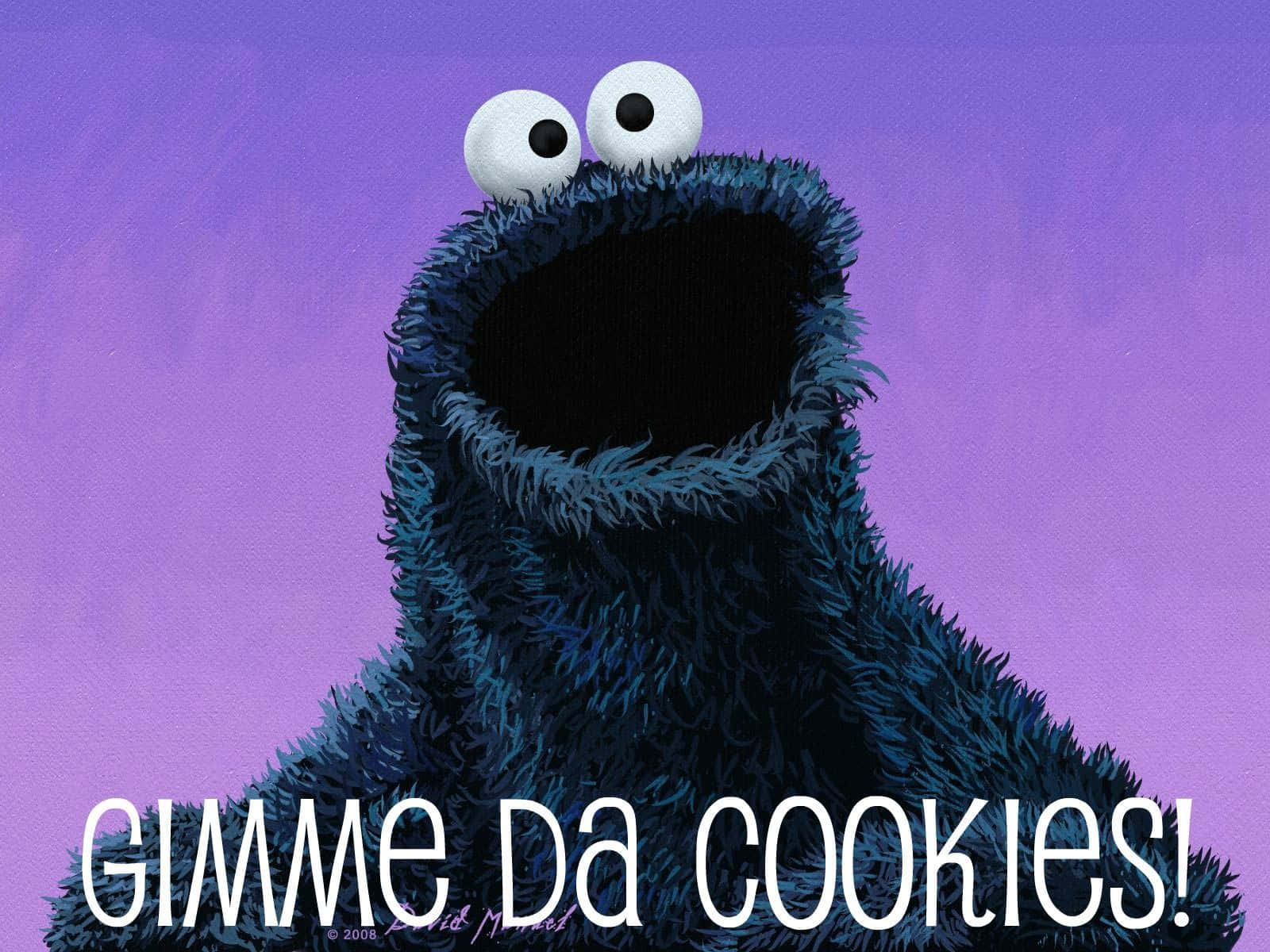 Creativity Memes 桌布 壁紙 — 一隻毛茸茸的藍色怪物，有著白色大眼睛和張開的大嘴，在紫色背景前要求餅乾。