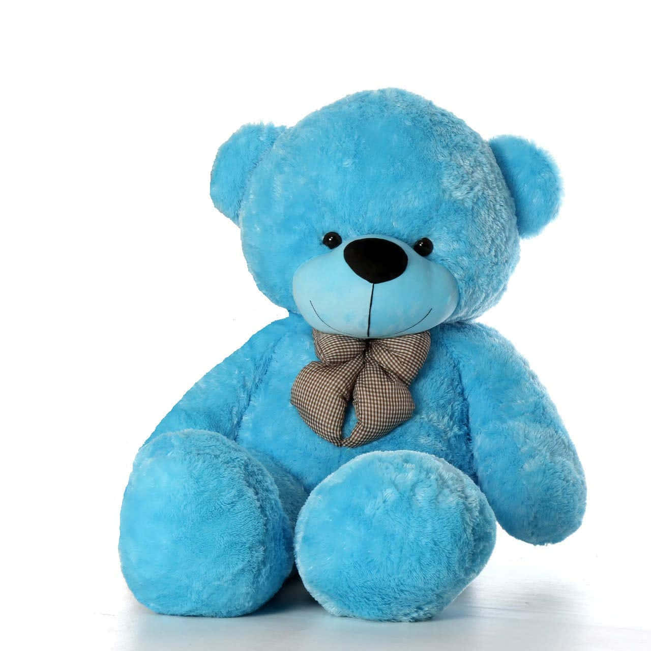 Teddy Bear 桌布 壁紙 — 一隻毛茸茸的藍色泰迪熊，戴著棕色格紋蝴蝶結，直立在純白背景前。