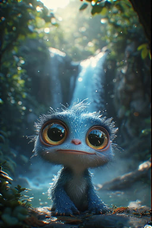 3D Cartoon Disney Character Portrait in Whimsical Forest 壁紙 — 一隻毛茸茸的藍色生物，有著巨大的金色眼睛，坐在陽光普照的森林中霧氣繚繞的瀑布前。