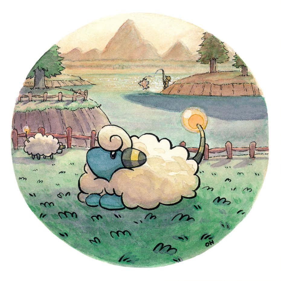 Illustration Art 桌布 壁紙 — 一隻毛茸茸的藍面羊，尾巴發光，在湖邊的草地上休息，遠處有山和樹木。