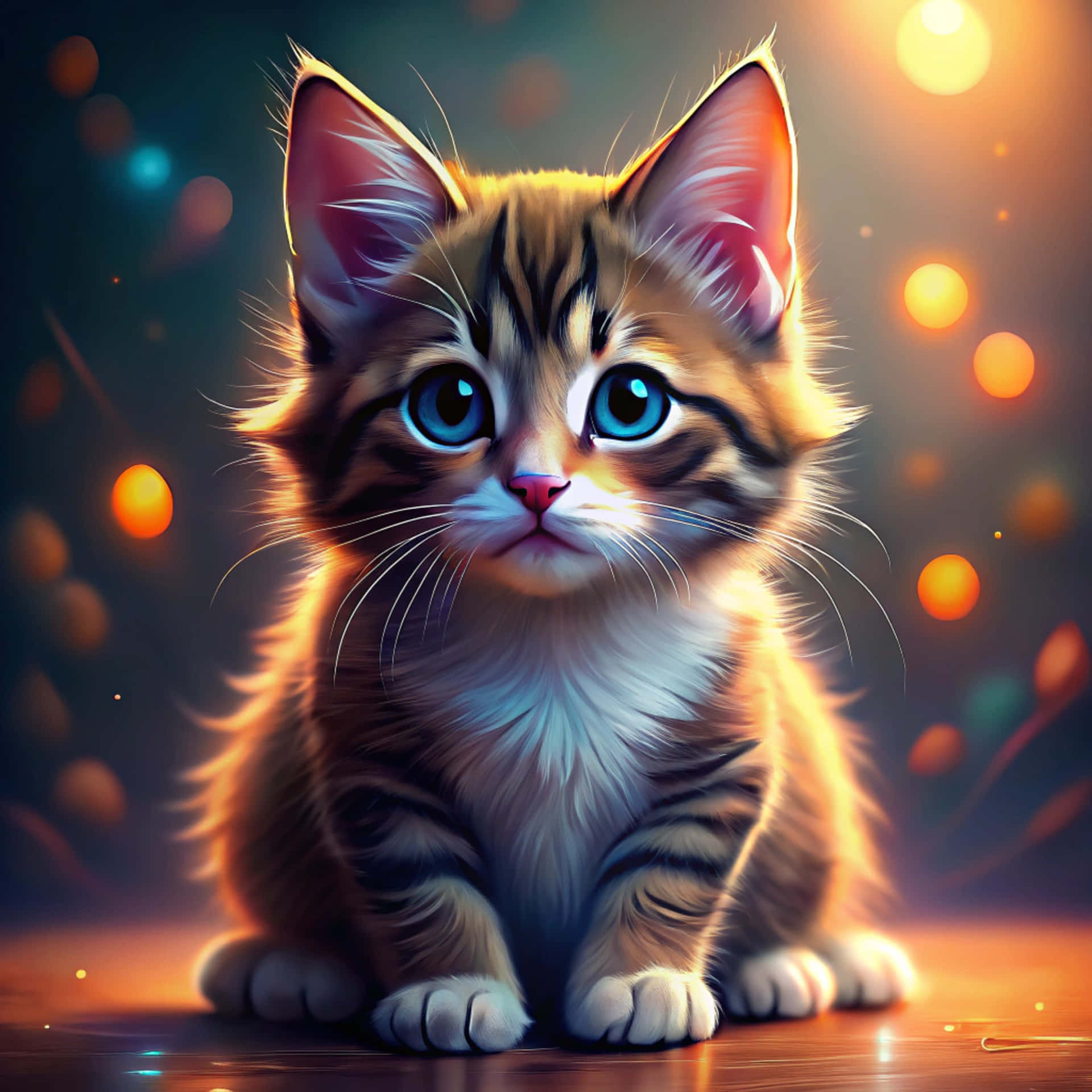 Cute cat 壁紙 — 一隻毛茸茸的虎斑小貓，擁有引人注目的藍色眼睛，沐浴在溫暖的金色光線中，背景是散景的發光球體。