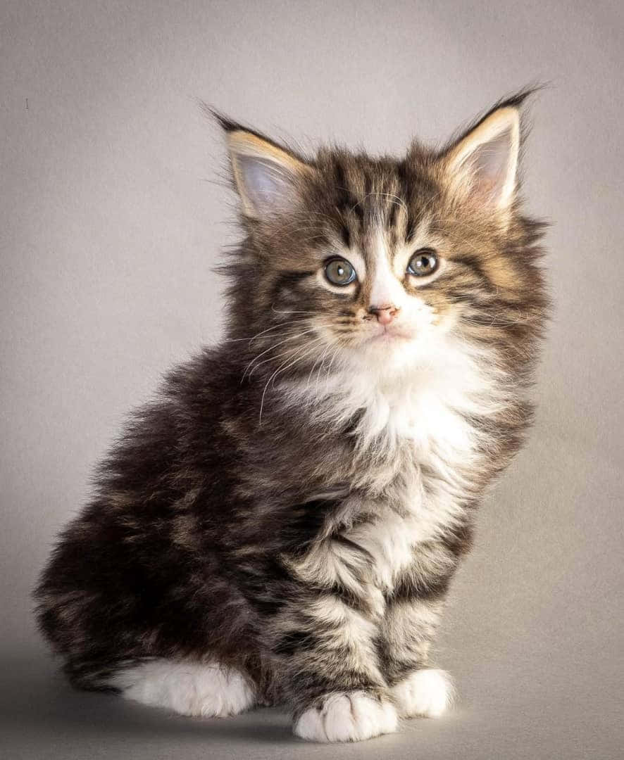 Norwegian Forest Cat 桌布 壁紙 — 一隻毛茸茸的虎斑小貓，有著引人注目的藍色眼睛，警覺地坐在柔和的灰色工作室背景前。