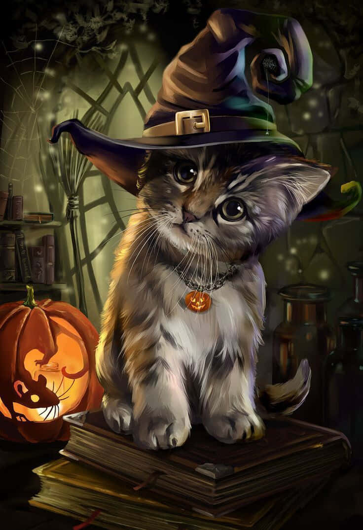 Halloween Cat 桌布 壁紙 — 一隻毛茸茸的虎斑小貓戴著巫婆帽，坐在書本上，旁邊是一個發光的傑克南瓜燈，背景是陰森的圖書館。