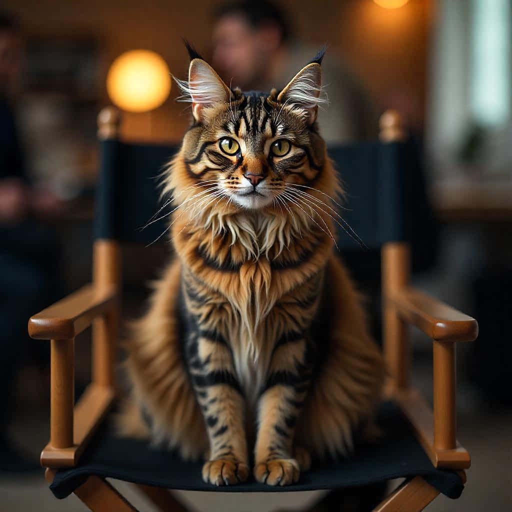 Director Main Coon 壁紙 — 一隻毛茸茸的虎斑貓，有著引人注目的綠色眼睛，威嚴地坐在溫暖光線的房間裡的木製導演椅上。