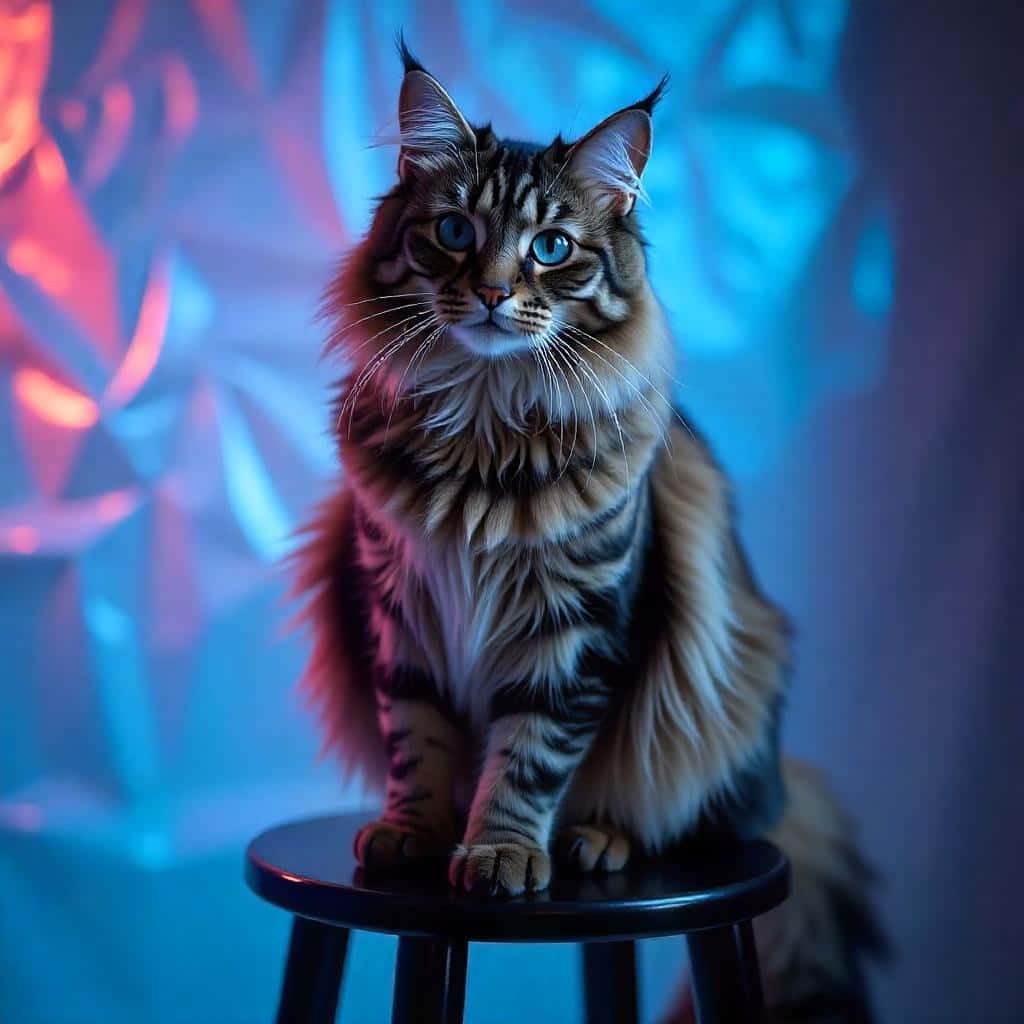 Maine Coon4 壁紙 — 一隻毛茸茸的虎斑貓，有著引人注目的藍色眼睛，威嚴地坐在黑色凳子上，背景是充滿活力的藍色和粉紅色霓虹燈抽象背景。