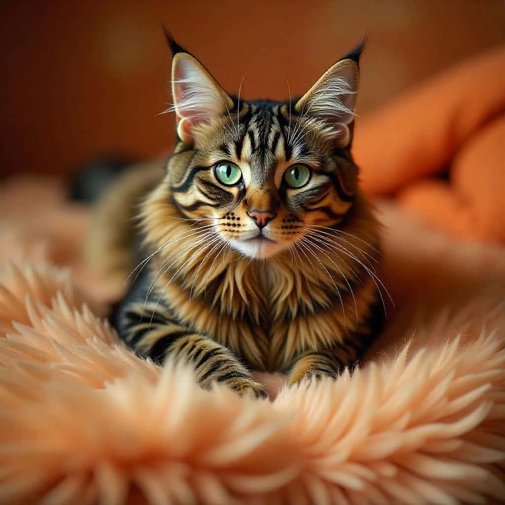 Main Coon3 壁紙 — 一隻毛茸茸的虎斑貓，有著搶眼的綠色眼睛，警覺地休息在柔軟的桃色地毯上。