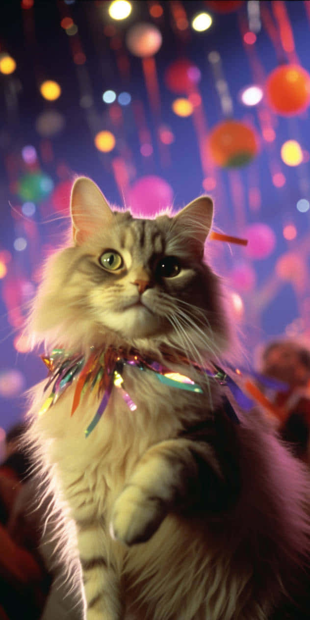 Dancing Cat 桌布 壁紙 — 一隻毛茸茸的虎斑貓，有著綠色眼睛，戴著色彩繽紛的金屬絲項圈，背景是閃爍派對燈光形成的鮮明散景。
