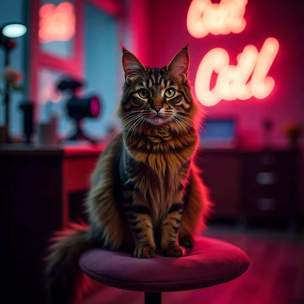 Main Coon2 壁紙 — 一隻毛茸茸的虎斑貓威風凜凜地坐在粉紅色凳子上，在昏暗的房間裡，被發光的紅色霓虹燈招牌包圍。