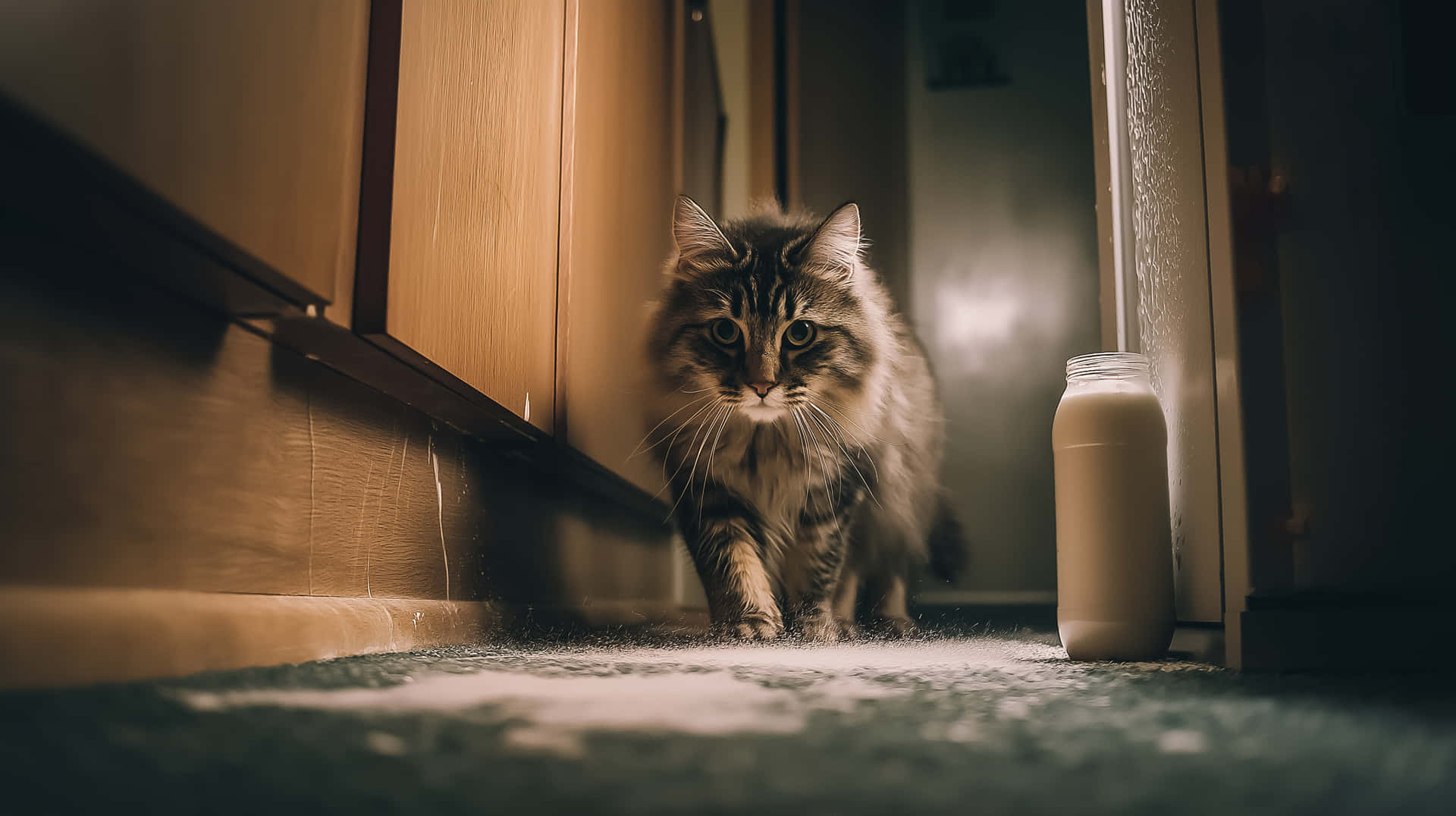 Stealthy Fluffy Cat Causing Floury Mess in the Hallway 壁紙 — 一隻毛茸茸的虎斑貓小心翼翼地穿過昏暗的門口，旁邊有一杯牛奶，向鏡頭走近。