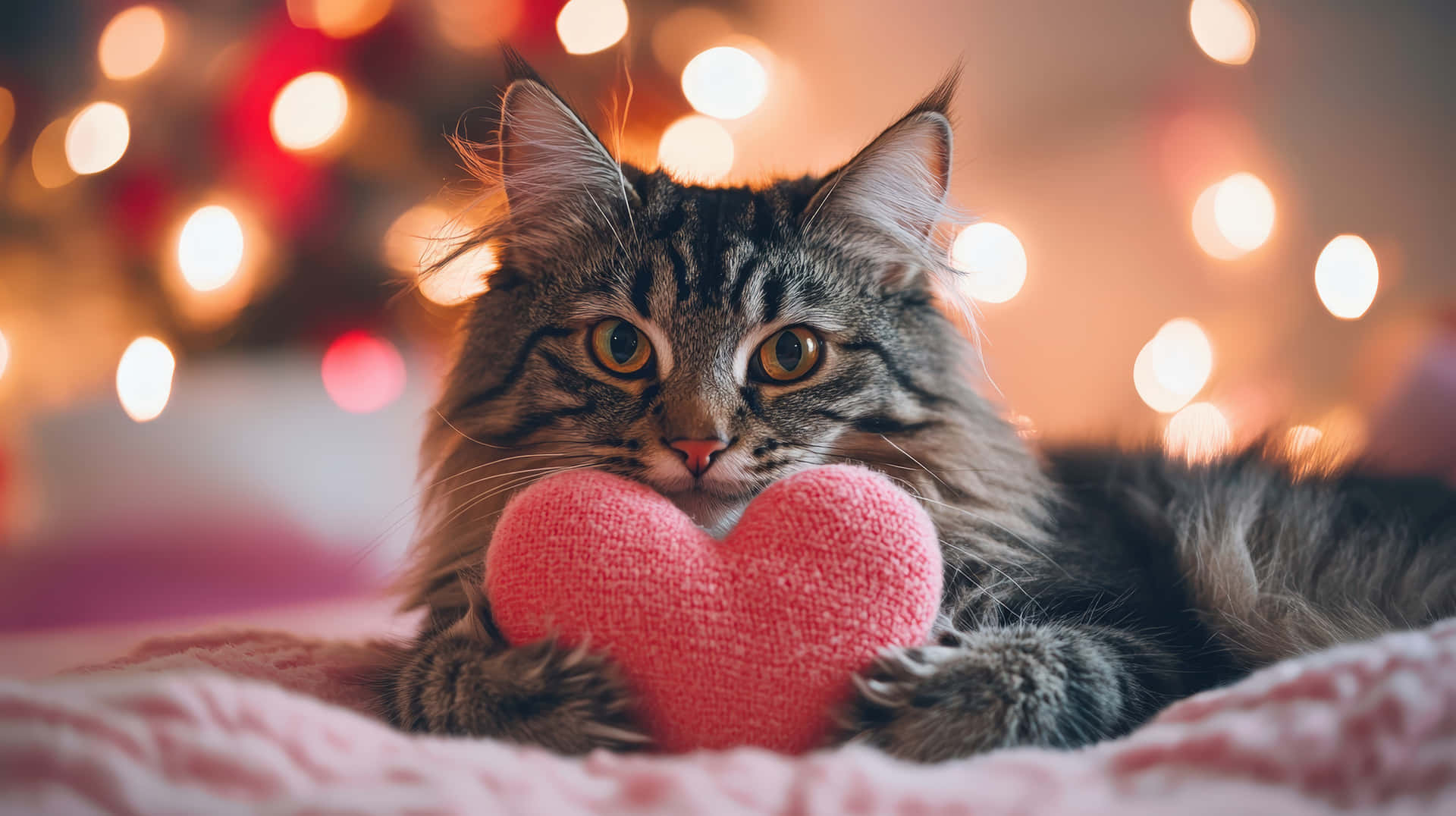 A cute fluffy cat with expressive eyes holds a pink heart-shaped pillow 壁紙 — 一隻毛茸茸的虎斑貓拿著粉紅色編織心形，背景是溫暖的散景燈串。