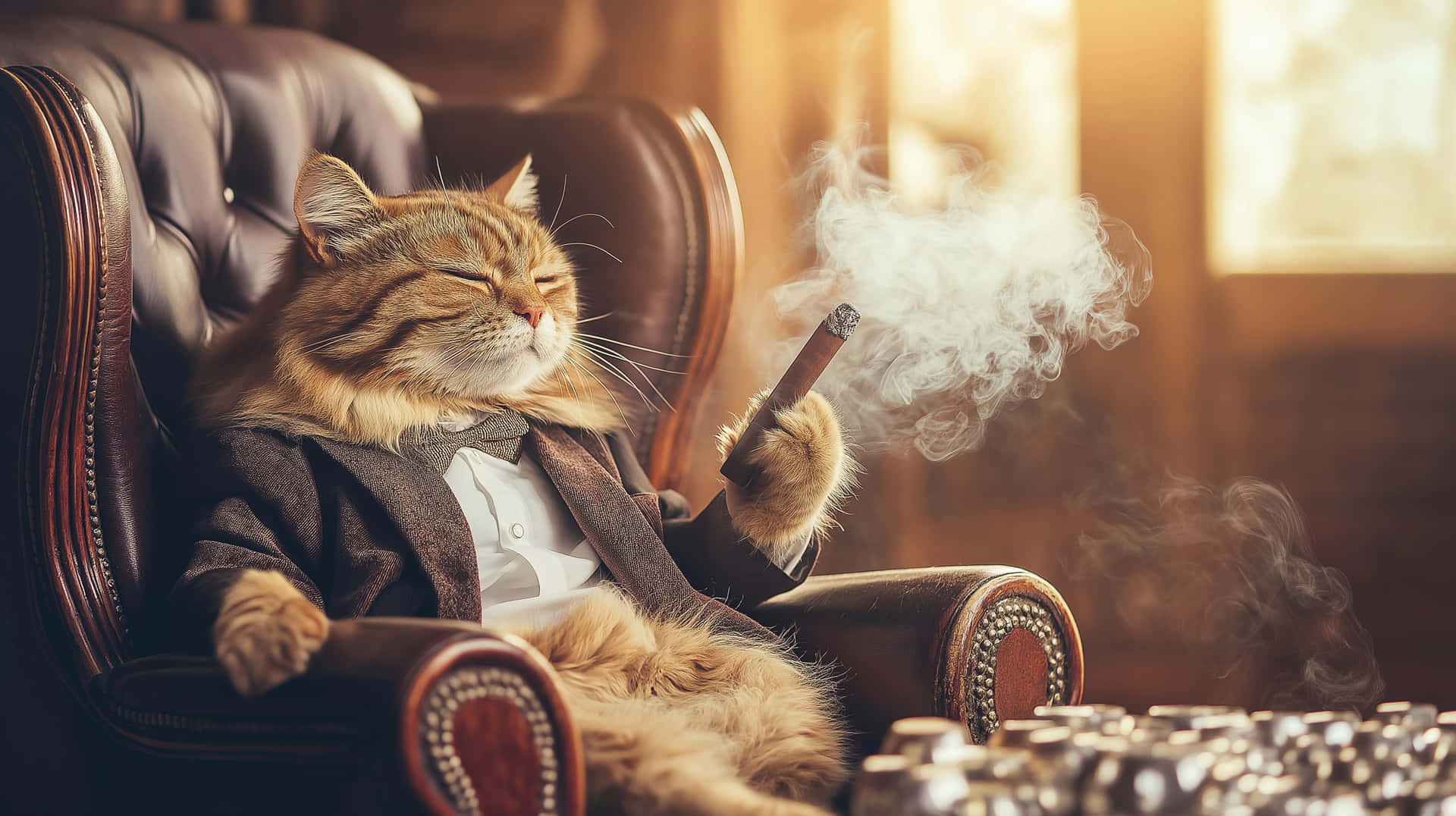 Sophisticated Cat Boss Smoking Cigar in Leather Chair 壁紙 — 一隻毛茸茸的虎斑貓穿著西裝，在皮扶手椅上放鬆，抽著雪茄，周圍有煙霧繚繞。