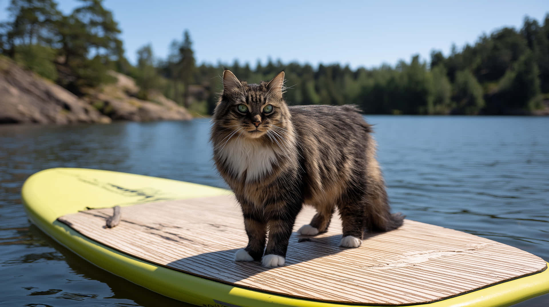 Long-Haired Cat on Paddleboard, Lake Adventure 壁紙 — 一隻毛茸茸的虎斑貓警覺地站在一塊鮮黃色的槳板上，漂浮在平靜的藍色水面上，背景是樹木繁茂的湖岸。