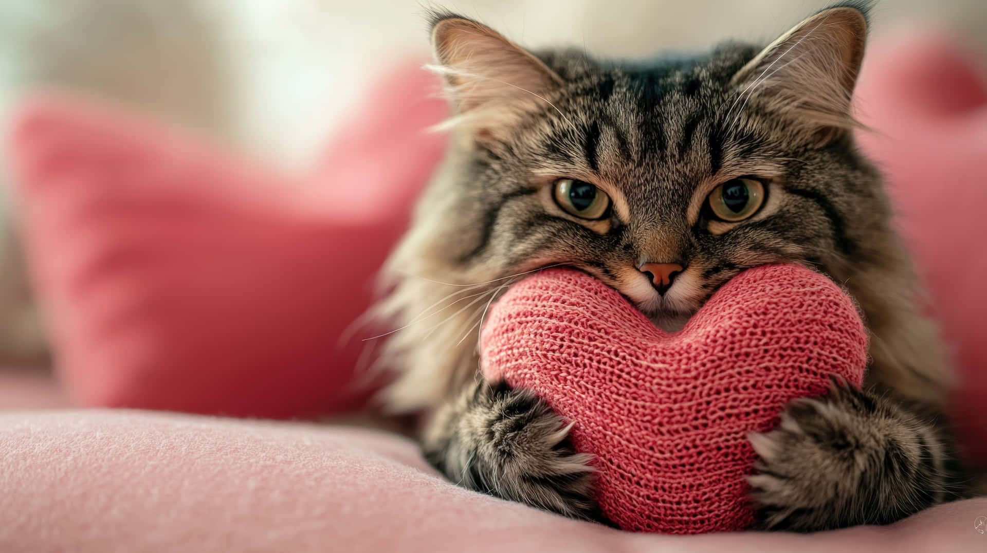 Adorable fluffy cat hugging a knitted pink heart pillow, surrounded by soft pink cushions 壁紙 — 一隻毛茸茸的虎斑貓輕輕地用爪子抱著一個粉紅色編織心形，同時躺在柔軟的粉紅色表面上休息。
