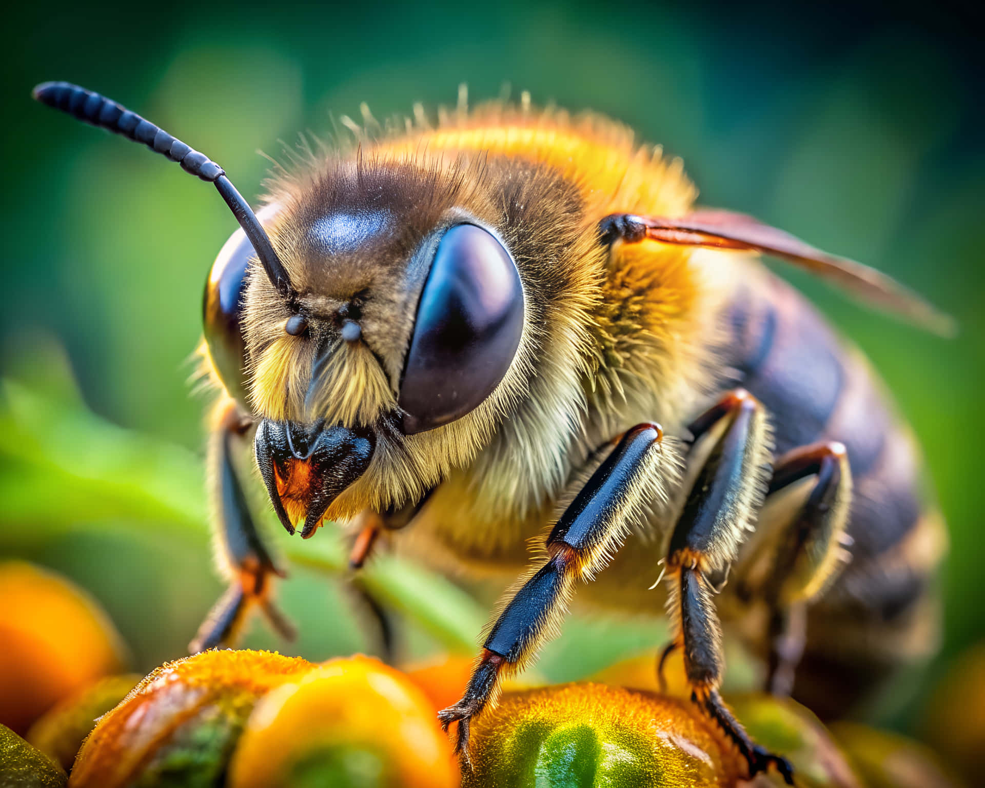 Macro shot of a beautiful bee 壁紙 — 一隻毛茸茸的蜜蜂，擁有大型複眼，棲息在鮮豔的橙色和綠色花蕾上的微距照片。