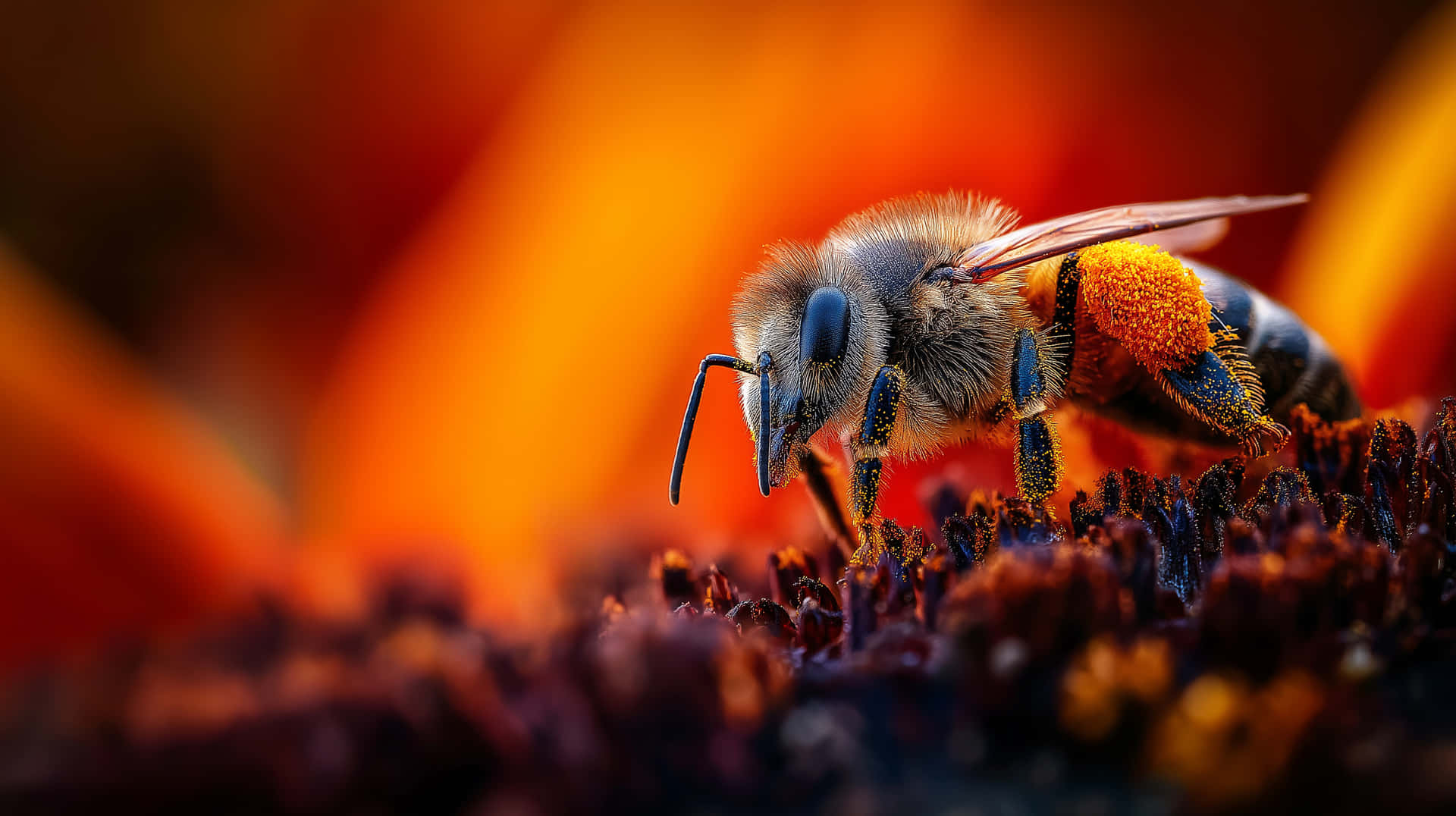 Detailed Macro View of a Honeybee on a Sunflower Gathering Pollen 壁紙 — 一隻毛茸茸的蜜蜂，腿上沾滿花粉，棲息在深色花朵中心，背景是溫暖的橙色模糊效果。